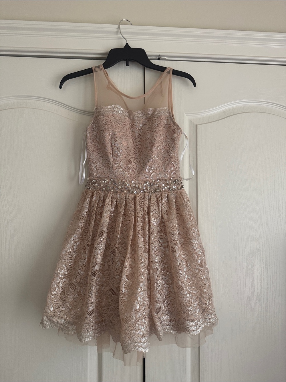 Juniors Rose Gold Lace Party Dress with Sheer Yoke Size 1